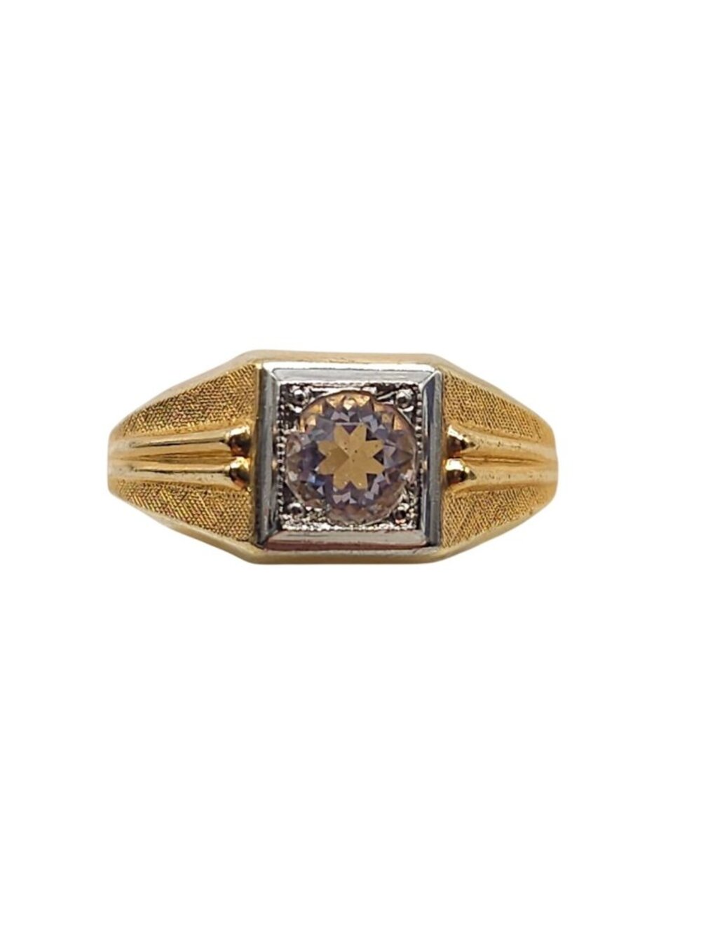 Vintage Karatclad Mens Ring With Clear Stone 18K HGE Marked Size 11.5 Textured